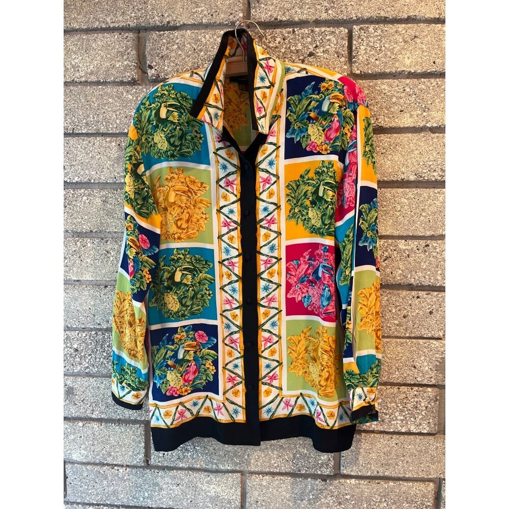 Corey B. New York 100% Silk Multicolor Floral Block Print Button-Up Shirt Womens